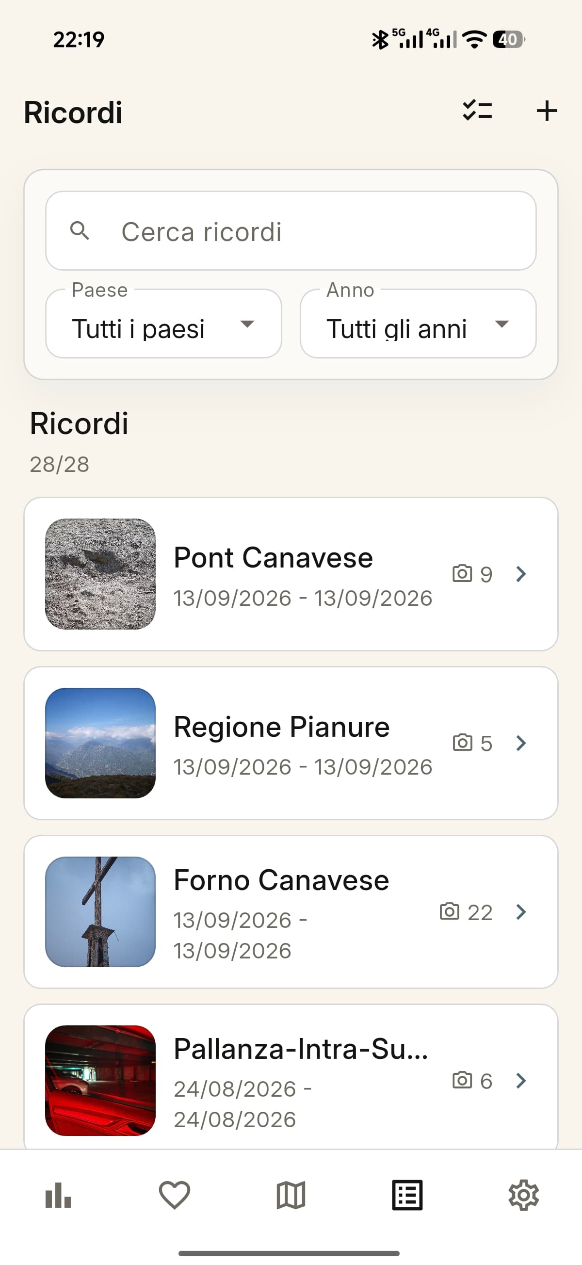 RICORTU memories list with Italian places, travel dates and photo counts.